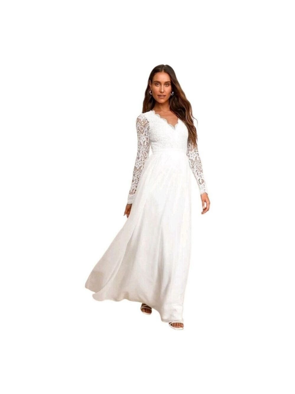Lulus White Lace Long Sleeve Maxi Wedding Dress Size S